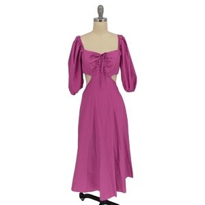 00232 Women's Puff Sleeve Midi Dress Fuchsia size Small bohemian cottagecore